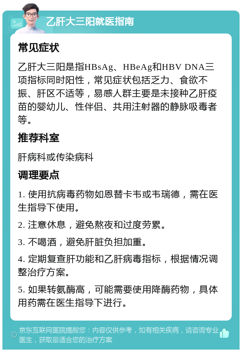 乙肝大三阳就医指南 常见症状 乙肝大三阳是指HBsAg、HBeAg和HBV DNA三项指标同时阳性，常见症状包括乏力、食欲不振、肝区不适等，易感人群主要是未接种乙肝疫苗的婴幼儿、性伴侣、共用注射器的静脉吸毒者等。 推荐科室 肝病科或传染病科 调理要点 1. 使用抗病毒药物如恩替卡韦或韦瑞德，需在医生指导下使用。 2. 注意休息，避免熬夜和过度劳累。 3. 不喝酒，避免肝脏负担加重。 4. 定期复查肝功能和乙肝病毒指标，根据情况调整治疗方案。 5. 如果转氨酶高，可能需要使用降酶药物，具体用药需在医生指导下进行。