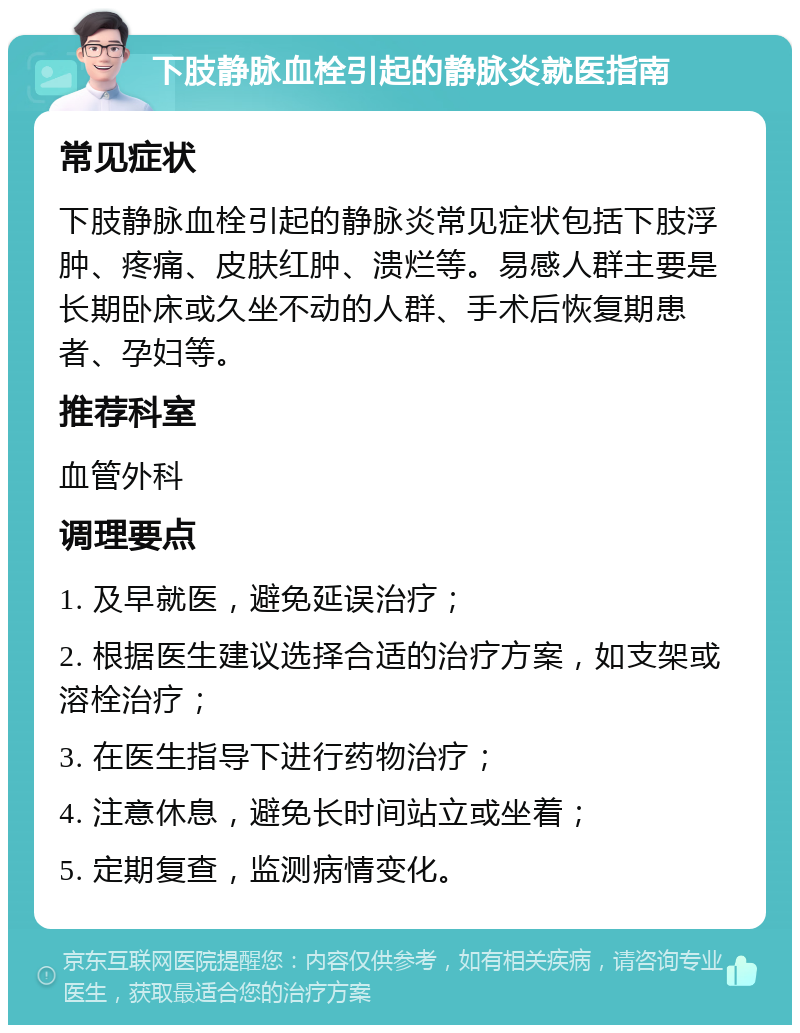 下肢静脉血栓引起的静脉炎就医指南 常见症状 下肢静脉血栓引起的静脉炎常见症状包括下肢浮肿、疼痛、皮肤红肿、溃烂等。易感人群主要是长期卧床或久坐不动的人群、手术后恢复期患者、孕妇等。 推荐科室 血管外科 调理要点 1. 及早就医，避免延误治疗； 2. 根据医生建议选择合适的治疗方案，如支架或溶栓治疗； 3. 在医生指导下进行药物治疗； 4. 注意休息，避免长时间站立或坐着； 5. 定期复查，监测病情变化。