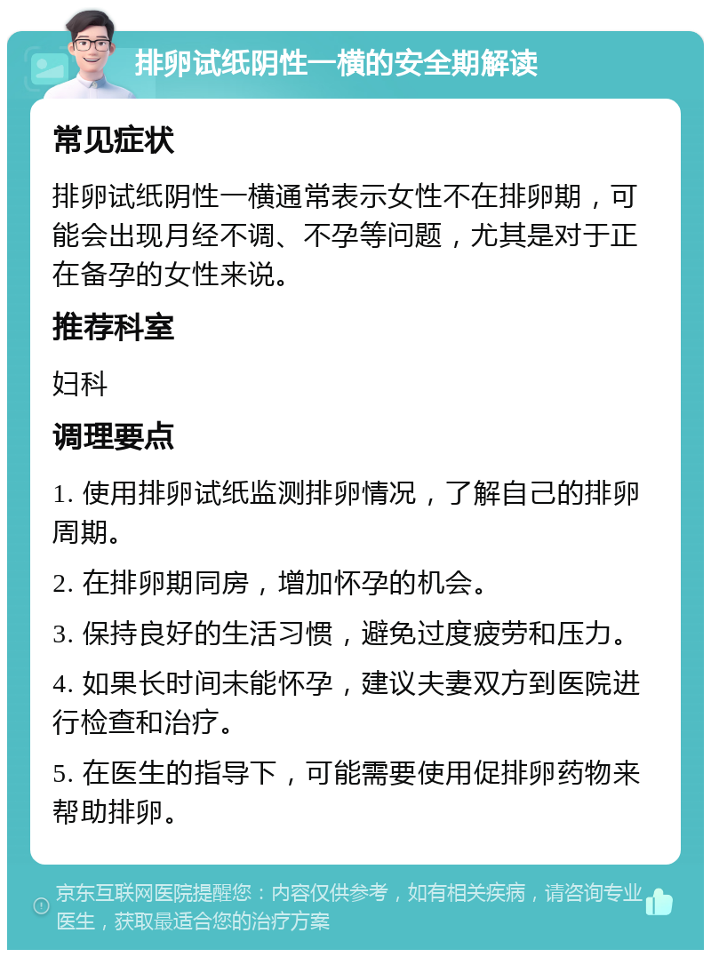 排卵试纸阴性一横的安全期解读 常见症状 排卵试纸阴性一横通常表示女性不在排卵期，可能会出现月经不调、不孕等问题，尤其是对于正在备孕的女性来说。 推荐科室 妇科 调理要点 1. 使用排卵试纸监测排卵情况，了解自己的排卵周期。 2. 在排卵期同房，增加怀孕的机会。 3. 保持良好的生活习惯，避免过度疲劳和压力。 4. 如果长时间未能怀孕，建议夫妻双方到医院进行检查和治疗。 5. 在医生的指导下，可能需要使用促排卵药物来帮助排卵。