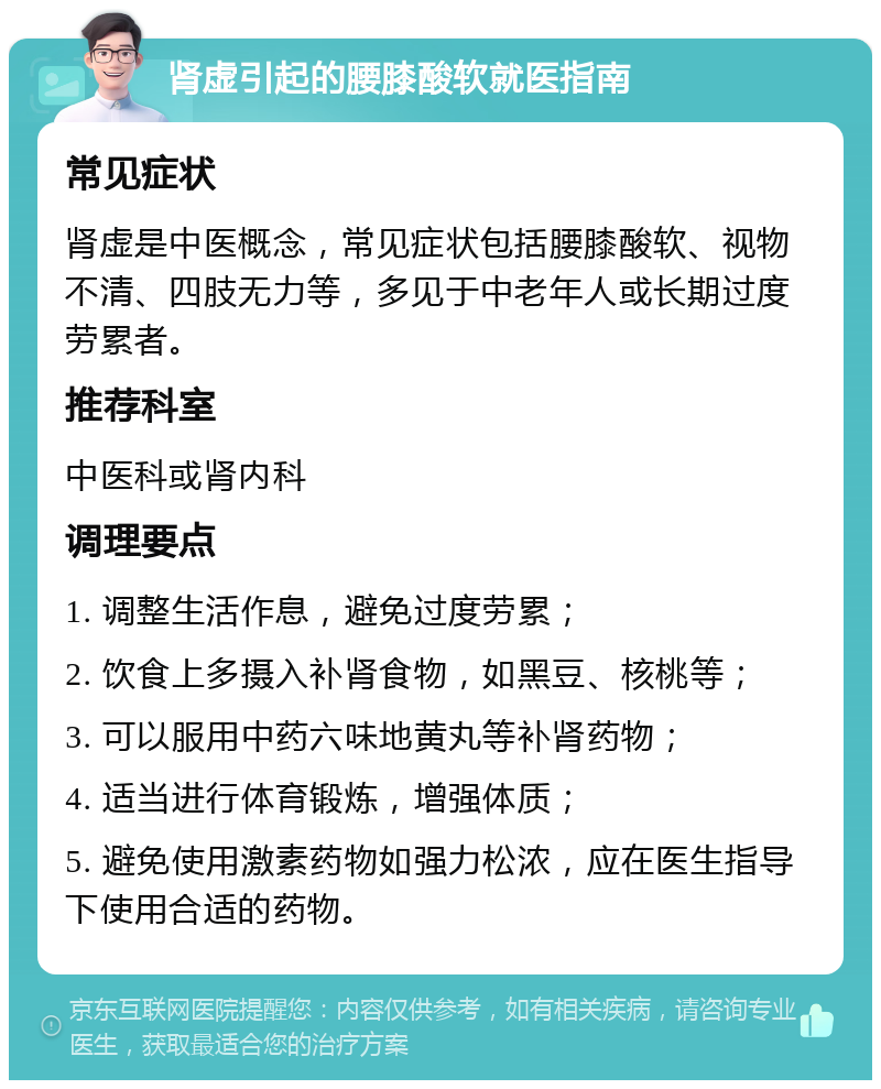 肾虚引起的腰膝酸软就医指南 常见症状 肾虚是中医概念，常见症状包括腰膝酸软、视物不清、四肢无力等，多见于中老年人或长期过度劳累者。 推荐科室 中医科或肾内科 调理要点 1. 调整生活作息，避免过度劳累； 2. 饮食上多摄入补肾食物，如黑豆、核桃等； 3. 可以服用中药六味地黄丸等补肾药物； 4. 适当进行体育锻炼，增强体质； 5. 避免使用激素药物如强力松浓，应在医生指导下使用合适的药物。