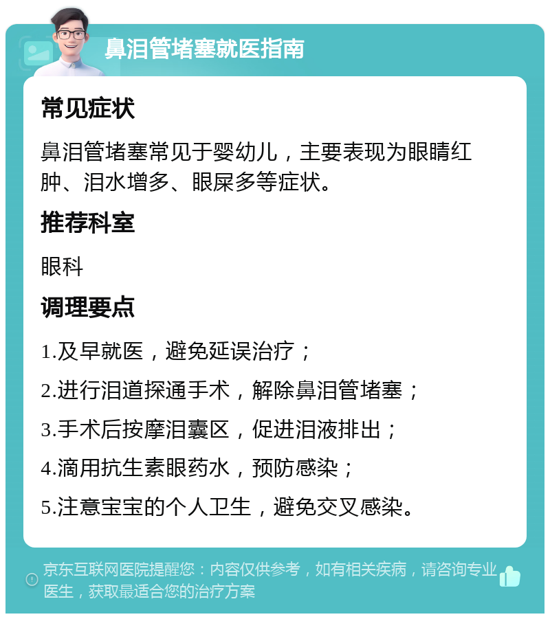 鼻泪管堵塞就医指南 常见症状 鼻泪管堵塞常见于婴幼儿，主要表现为眼睛红肿、泪水增多、眼屎多等症状。 推荐科室 眼科 调理要点 1.及早就医，避免延误治疗； 2.进行泪道探通手术，解除鼻泪管堵塞； 3.手术后按摩泪囊区，促进泪液排出； 4.滴用抗生素眼药水，预防感染； 5.注意宝宝的个人卫生，避免交叉感染。