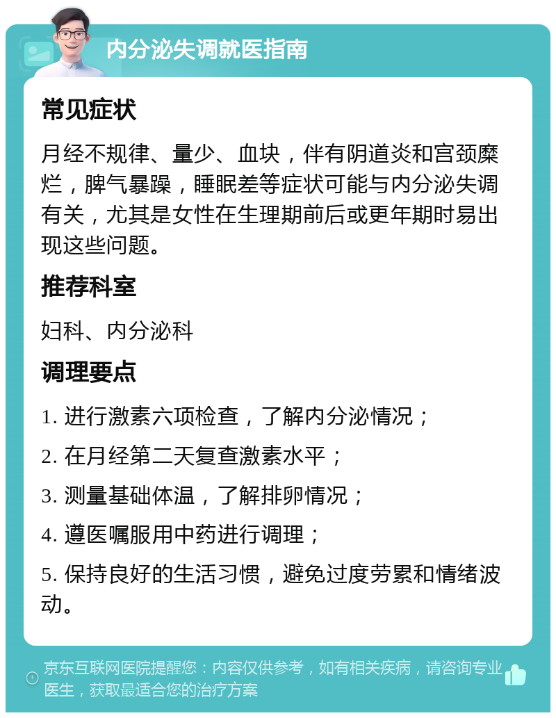 内分泌失调就医指南 常见症状 月经不规律、量少、血块，伴有阴道炎和宫颈糜烂，脾气暴躁，睡眠差等症状可能与内分泌失调有关，尤其是女性在生理期前后或更年期时易出现这些问题。 推荐科室 妇科、内分泌科 调理要点 1. 进行激素六项检查，了解内分泌情况； 2. 在月经第二天复查激素水平； 3. 测量基础体温，了解排卵情况； 4. 遵医嘱服用中药进行调理； 5. 保持良好的生活习惯，避免过度劳累和情绪波动。