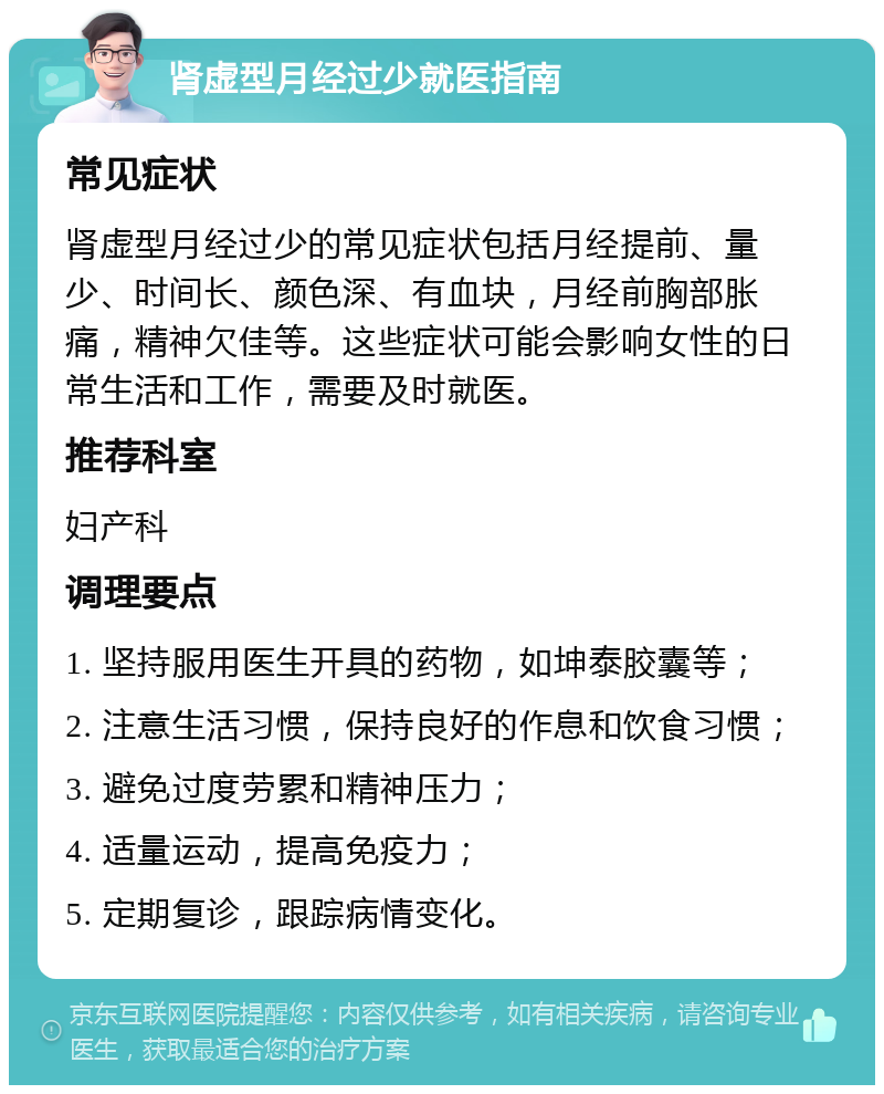 肾虚型月经过少就医指南 常见症状 肾虚型月经过少的常见症状包括月经提前、量少、时间长、颜色深、有血块，月经前胸部胀痛，精神欠佳等。这些症状可能会影响女性的日常生活和工作，需要及时就医。 推荐科室 妇产科 调理要点 1. 坚持服用医生开具的药物，如坤泰胶囊等； 2. 注意生活习惯，保持良好的作息和饮食习惯； 3. 避免过度劳累和精神压力； 4. 适量运动，提高免疫力； 5. 定期复诊，跟踪病情变化。