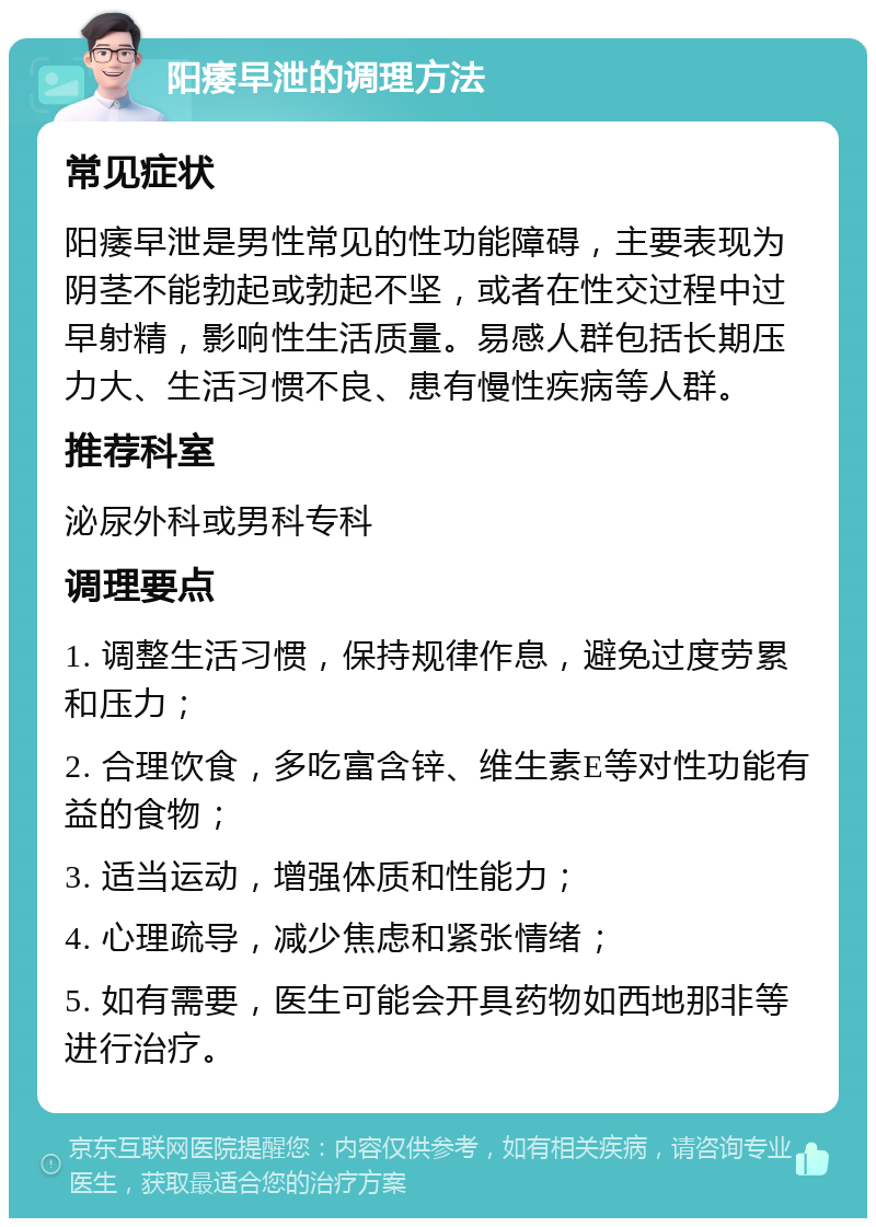 阳痿早泄的调理方法 常见症状 阳痿早泄是男性常见的性功能障碍，主要表现为阴茎不能勃起或勃起不坚，或者在性交过程中过早射精，影响性生活质量。易感人群包括长期压力大、生活习惯不良、患有慢性疾病等人群。 推荐科室 泌尿外科或男科专科 调理要点 1. 调整生活习惯，保持规律作息，避免过度劳累和压力； 2. 合理饮食，多吃富含锌、维生素E等对性功能有益的食物； 3. 适当运动，增强体质和性能力； 4. 心理疏导，减少焦虑和紧张情绪； 5. 如有需要，医生可能会开具药物如西地那非等进行治疗。