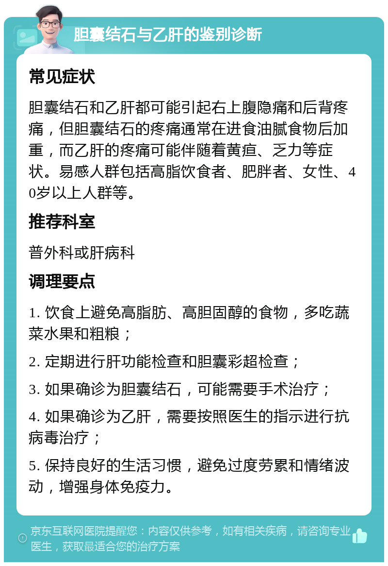 胆囊结石与乙肝的鉴别诊断 常见症状 胆囊结石和乙肝都可能引起右上腹隐痛和后背疼痛，但胆囊结石的疼痛通常在进食油腻食物后加重，而乙肝的疼痛可能伴随着黄疸、乏力等症状。易感人群包括高脂饮食者、肥胖者、女性、40岁以上人群等。 推荐科室 普外科或肝病科 调理要点 1. 饮食上避免高脂肪、高胆固醇的食物，多吃蔬菜水果和粗粮； 2. 定期进行肝功能检查和胆囊彩超检查； 3. 如果确诊为胆囊结石，可能需要手术治疗； 4. 如果确诊为乙肝，需要按照医生的指示进行抗病毒治疗； 5. 保持良好的生活习惯，避免过度劳累和情绪波动，增强身体免疫力。