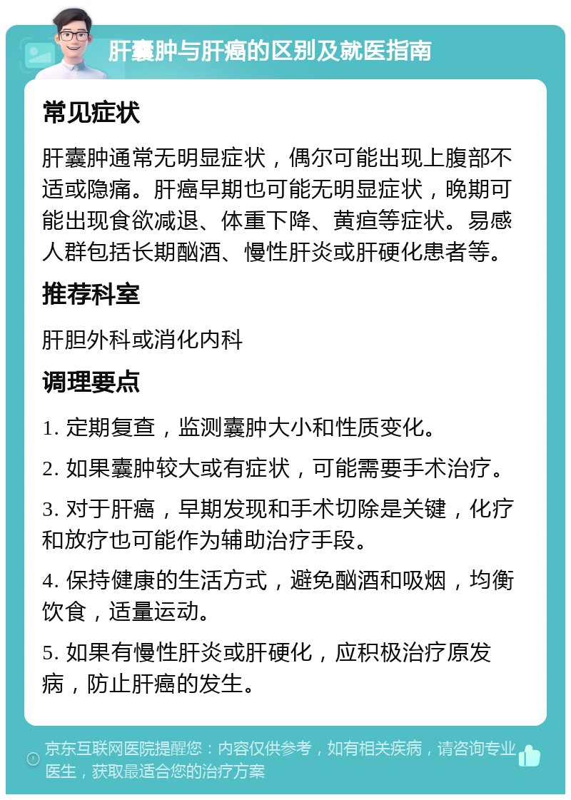 肝囊肿与肝癌的区别及就医指南 常见症状 肝囊肿通常无明显症状，偶尔可能出现上腹部不适或隐痛。肝癌早期也可能无明显症状，晚期可能出现食欲减退、体重下降、黄疸等症状。易感人群包括长期酗酒、慢性肝炎或肝硬化患者等。 推荐科室 肝胆外科或消化内科 调理要点 1. 定期复查，监测囊肿大小和性质变化。 2. 如果囊肿较大或有症状，可能需要手术治疗。 3. 对于肝癌，早期发现和手术切除是关键，化疗和放疗也可能作为辅助治疗手段。 4. 保持健康的生活方式，避免酗酒和吸烟，均衡饮食，适量运动。 5. 如果有慢性肝炎或肝硬化，应积极治疗原发病，防止肝癌的发生。