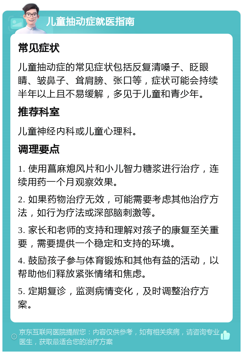 儿童抽动症就医指南 常见症状 儿童抽动症的常见症状包括反复清嗓子、眨眼睛、皱鼻子、耸肩膀、张口等，症状可能会持续半年以上且不易缓解，多见于儿童和青少年。 推荐科室 儿童神经内科或儿童心理科。 调理要点 1. 使用菖麻熄风片和小儿智力糖浆进行治疗，连续用药一个月观察效果。 2. 如果药物治疗无效，可能需要考虑其他治疗方法，如行为疗法或深部脑刺激等。 3. 家长和老师的支持和理解对孩子的康复至关重要，需要提供一个稳定和支持的环境。 4. 鼓励孩子参与体育锻炼和其他有益的活动，以帮助他们释放紧张情绪和焦虑。 5. 定期复诊，监测病情变化，及时调整治疗方案。