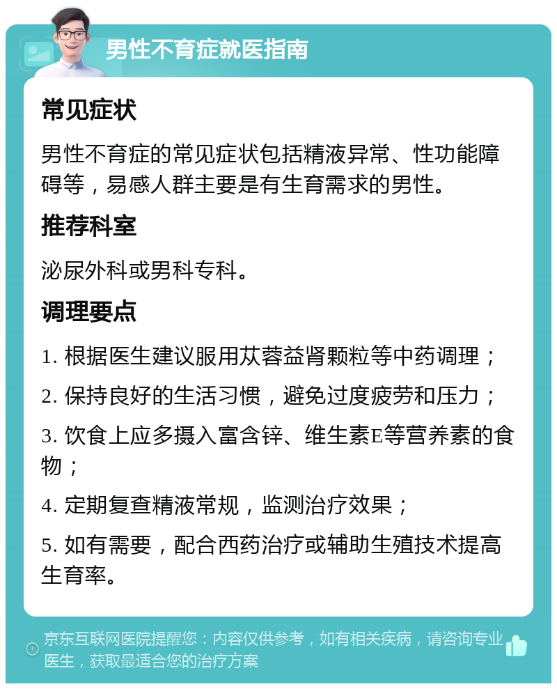 男性不育症就医指南 常见症状 男性不育症的常见症状包括精液异常、性功能障碍等，易感人群主要是有生育需求的男性。 推荐科室 泌尿外科或男科专科。 调理要点 1. 根据医生建议服用苁蓉益肾颗粒等中药调理； 2. 保持良好的生活习惯，避免过度疲劳和压力； 3. 饮食上应多摄入富含锌、维生素E等营养素的食物； 4. 定期复查精液常规，监测治疗效果； 5. 如有需要，配合西药治疗或辅助生殖技术提高生育率。