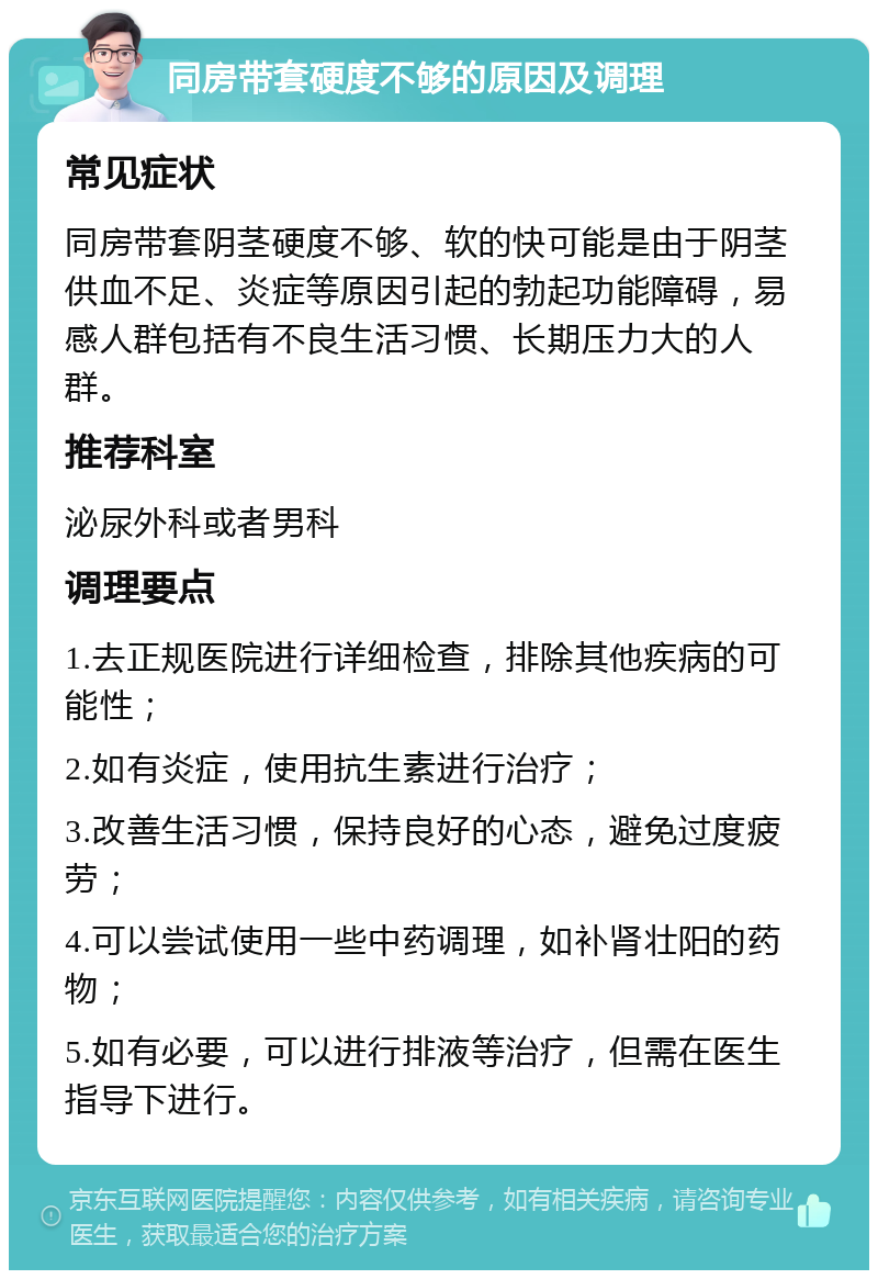 同房带套硬度不够的原因及调理 常见症状 同房带套阴茎硬度不够、软的快可能是由于阴茎供血不足、炎症等原因引起的勃起功能障碍，易感人群包括有不良生活习惯、长期压力大的人群。 推荐科室 泌尿外科或者男科 调理要点 1.去正规医院进行详细检查，排除其他疾病的可能性； 2.如有炎症，使用抗生素进行治疗； 3.改善生活习惯，保持良好的心态，避免过度疲劳； 4.可以尝试使用一些中药调理，如补肾壮阳的药物； 5.如有必要，可以进行排液等治疗，但需在医生指导下进行。