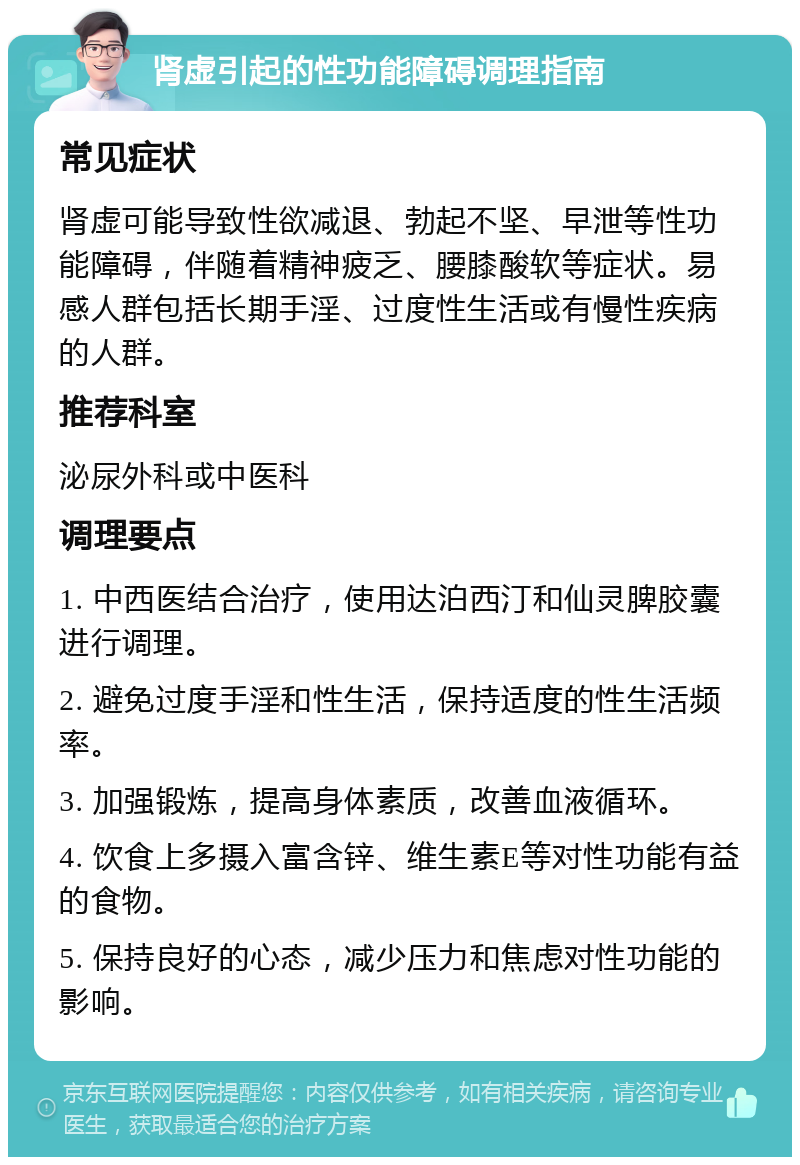 肾虚引起的性功能障碍调理指南 常见症状 肾虚可能导致性欲减退、勃起不坚、早泄等性功能障碍，伴随着精神疲乏、腰膝酸软等症状。易感人群包括长期手淫、过度性生活或有慢性疾病的人群。 推荐科室 泌尿外科或中医科 调理要点 1. 中西医结合治疗，使用达泊西汀和仙灵脾胶囊进行调理。 2. 避免过度手淫和性生活，保持适度的性生活频率。 3. 加强锻炼，提高身体素质，改善血液循环。 4. 饮食上多摄入富含锌、维生素E等对性功能有益的食物。 5. 保持良好的心态，减少压力和焦虑对性功能的影响。