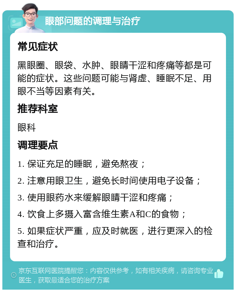 眼部问题的调理与治疗 常见症状 黑眼圈、眼袋、水肿、眼睛干涩和疼痛等都是可能的症状。这些问题可能与肾虚、睡眠不足、用眼不当等因素有关。 推荐科室 眼科 调理要点 1. 保证充足的睡眠，避免熬夜； 2. 注意用眼卫生，避免长时间使用电子设备； 3. 使用眼药水来缓解眼睛干涩和疼痛； 4. 饮食上多摄入富含维生素A和C的食物； 5. 如果症状严重，应及时就医，进行更深入的检查和治疗。