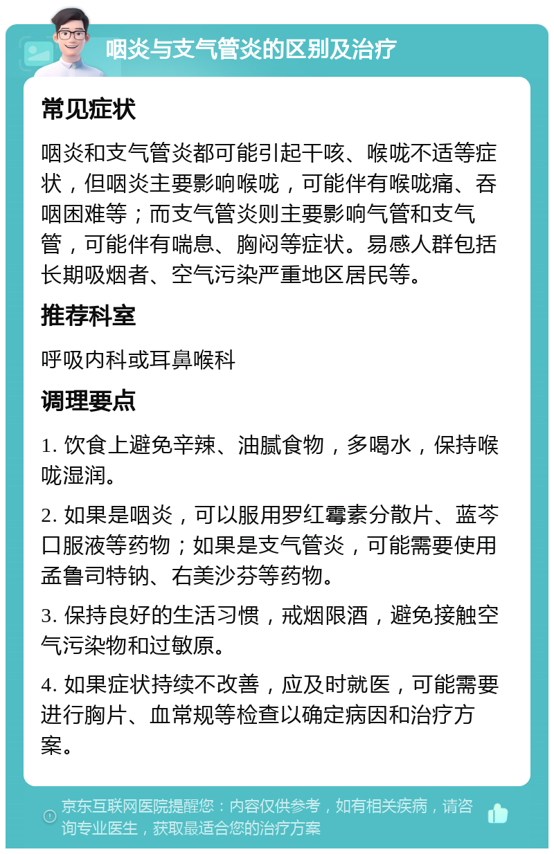 咽炎与支气管炎的区别及治疗 常见症状 咽炎和支气管炎都可能引起干咳、喉咙不适等症状，但咽炎主要影响喉咙，可能伴有喉咙痛、吞咽困难等；而支气管炎则主要影响气管和支气管，可能伴有喘息、胸闷等症状。易感人群包括长期吸烟者、空气污染严重地区居民等。 推荐科室 呼吸内科或耳鼻喉科 调理要点 1. 饮食上避免辛辣、油腻食物，多喝水，保持喉咙湿润。 2. 如果是咽炎，可以服用罗红霉素分散片、蓝芩口服液等药物；如果是支气管炎，可能需要使用孟鲁司特钠、右美沙芬等药物。 3. 保持良好的生活习惯，戒烟限酒，避免接触空气污染物和过敏原。 4. 如果症状持续不改善，应及时就医，可能需要进行胸片、血常规等检查以确定病因和治疗方案。