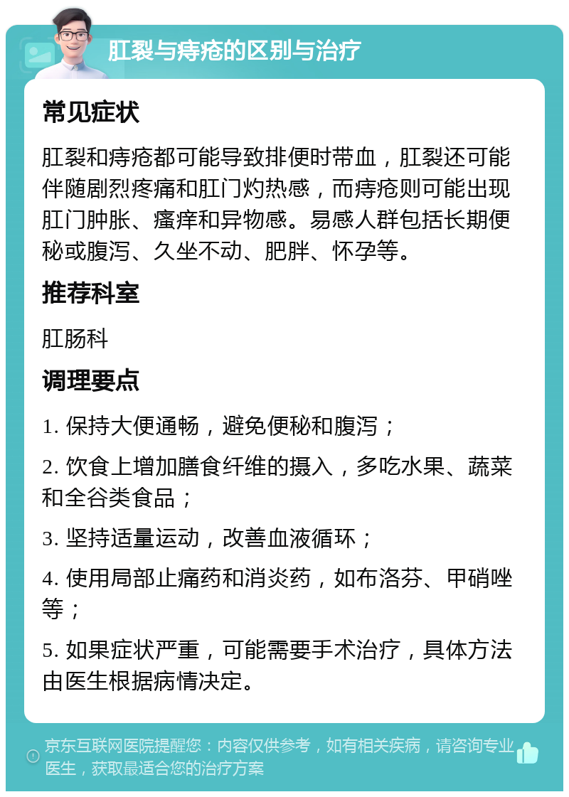 肛裂与痔疮的区别与治疗 常见症状 肛裂和痔疮都可能导致排便时带血，肛裂还可能伴随剧烈疼痛和肛门灼热感，而痔疮则可能出现肛门肿胀、瘙痒和异物感。易感人群包括长期便秘或腹泻、久坐不动、肥胖、怀孕等。 推荐科室 肛肠科 调理要点 1. 保持大便通畅，避免便秘和腹泻； 2. 饮食上增加膳食纤维的摄入，多吃水果、蔬菜和全谷类食品； 3. 坚持适量运动，改善血液循环； 4. 使用局部止痛药和消炎药，如布洛芬、甲硝唑等； 5. 如果症状严重，可能需要手术治疗，具体方法由医生根据病情决定。