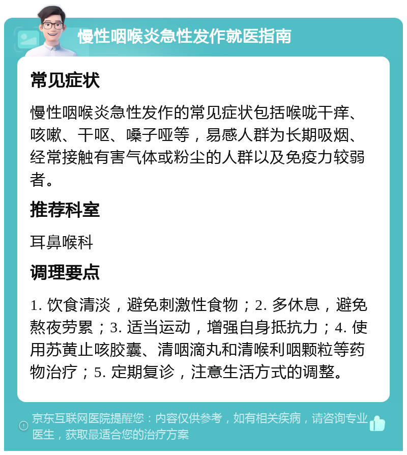 慢性咽喉炎急性发作就医指南 常见症状 慢性咽喉炎急性发作的常见症状包括喉咙干痒、咳嗽、干呕、嗓子哑等，易感人群为长期吸烟、经常接触有害气体或粉尘的人群以及免疫力较弱者。 推荐科室 耳鼻喉科 调理要点 1. 饮食清淡，避免刺激性食物；2. 多休息，避免熬夜劳累；3. 适当运动，增强自身抵抗力；4. 使用苏黄止咳胶囊、清咽滴丸和清喉利咽颗粒等药物治疗；5. 定期复诊，注意生活方式的调整。