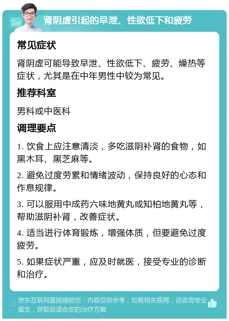 肾阴虚引起的早泄、性欲低下和疲劳 常见症状 肾阴虚可能导致早泄、性欲低下、疲劳、燥热等症状，尤其是在中年男性中较为常见。 推荐科室 男科或中医科 调理要点 1. 饮食上应注意清淡，多吃滋阴补肾的食物，如黑木耳、黑芝麻等。 2. 避免过度劳累和情绪波动，保持良好的心态和作息规律。 3. 可以服用中成药六味地黄丸或知柏地黄丸等，帮助滋阴补肾，改善症状。 4. 适当进行体育锻炼，增强体质，但要避免过度疲劳。 5. 如果症状严重，应及时就医，接受专业的诊断和治疗。