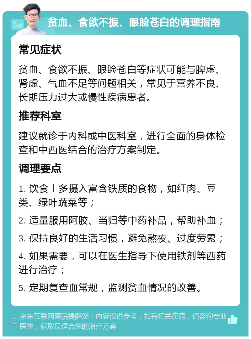 贫血、食欲不振、眼睑苍白的调理指南 常见症状 贫血、食欲不振、眼睑苍白等症状可能与脾虚、肾虚、气血不足等问题相关，常见于营养不良、长期压力过大或慢性疾病患者。 推荐科室 建议就诊于内科或中医科室，进行全面的身体检查和中西医结合的治疗方案制定。 调理要点 1. 饮食上多摄入富含铁质的食物，如红肉、豆类、绿叶蔬菜等； 2. 适量服用阿胶、当归等中药补品，帮助补血； 3. 保持良好的生活习惯，避免熬夜、过度劳累； 4. 如果需要，可以在医生指导下使用铁剂等西药进行治疗； 5. 定期复查血常规，监测贫血情况的改善。