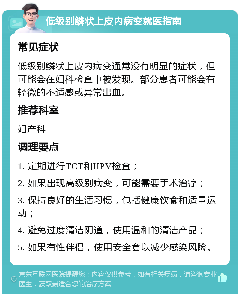 低级别鳞状上皮内病变就医指南 常见症状 低级别鳞状上皮内病变通常没有明显的症状，但可能会在妇科检查中被发现。部分患者可能会有轻微的不适感或异常出血。 推荐科室 妇产科 调理要点 1. 定期进行TCT和HPV检查； 2. 如果出现高级别病变，可能需要手术治疗； 3. 保持良好的生活习惯，包括健康饮食和适量运动； 4. 避免过度清洁阴道，使用温和的清洁产品； 5. 如果有性伴侣，使用安全套以减少感染风险。