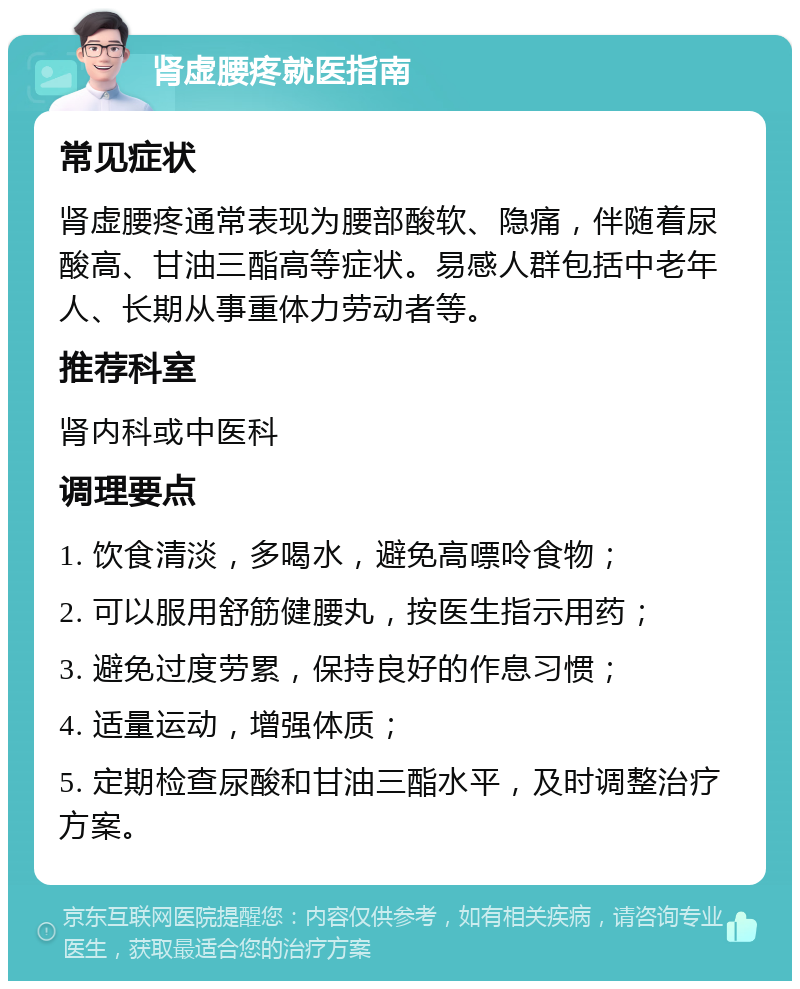 肾虚腰疼就医指南 常见症状 肾虚腰疼通常表现为腰部酸软、隐痛，伴随着尿酸高、甘油三酯高等症状。易感人群包括中老年人、长期从事重体力劳动者等。 推荐科室 肾内科或中医科 调理要点 1. 饮食清淡，多喝水，避免高嘌呤食物； 2. 可以服用舒筋健腰丸，按医生指示用药； 3. 避免过度劳累，保持良好的作息习惯； 4. 适量运动，增强体质； 5. 定期检查尿酸和甘油三酯水平，及时调整治疗方案。