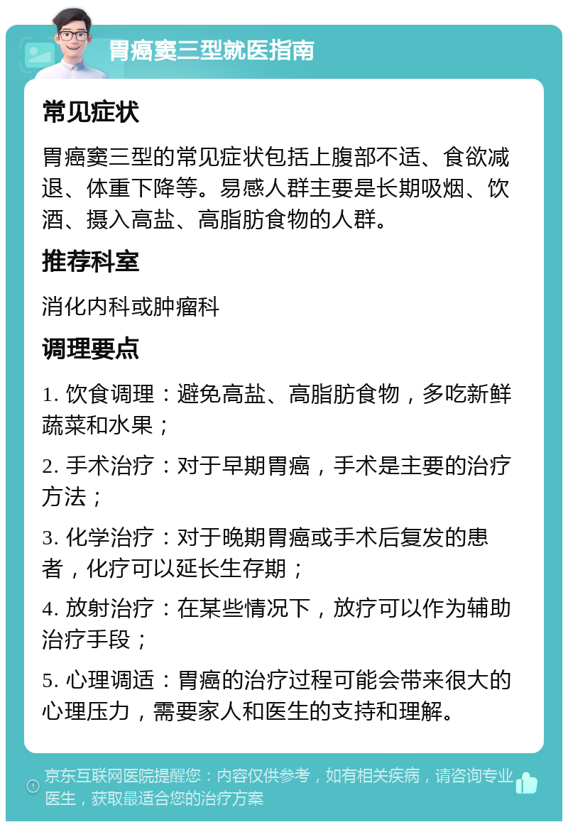 胃癌窦三型就医指南 常见症状 胃癌窦三型的常见症状包括上腹部不适、食欲减退、体重下降等。易感人群主要是长期吸烟、饮酒、摄入高盐、高脂肪食物的人群。 推荐科室 消化内科或肿瘤科 调理要点 1. 饮食调理：避免高盐、高脂肪食物，多吃新鲜蔬菜和水果； 2. 手术治疗：对于早期胃癌，手术是主要的治疗方法； 3. 化学治疗：对于晚期胃癌或手术后复发的患者，化疗可以延长生存期； 4. 放射治疗：在某些情况下，放疗可以作为辅助治疗手段； 5. 心理调适：胃癌的治疗过程可能会带来很大的心理压力，需要家人和医生的支持和理解。