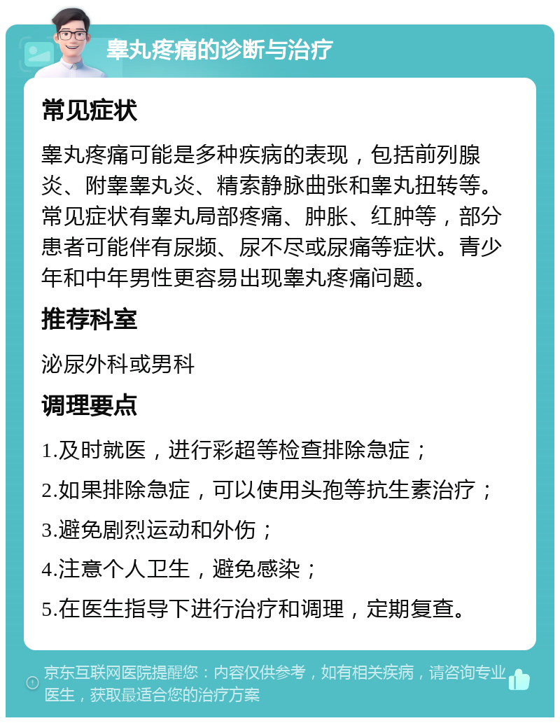 睾丸疼痛的诊断与治疗 常见症状 睾丸疼痛可能是多种疾病的表现，包括前列腺炎、附睾睾丸炎、精索静脉曲张和睾丸扭转等。常见症状有睾丸局部疼痛、肿胀、红肿等，部分患者可能伴有尿频、尿不尽或尿痛等症状。青少年和中年男性更容易出现睾丸疼痛问题。 推荐科室 泌尿外科或男科 调理要点 1.及时就医，进行彩超等检查排除急症； 2.如果排除急症，可以使用头孢等抗生素治疗； 3.避免剧烈运动和外伤； 4.注意个人卫生，避免感染； 5.在医生指导下进行治疗和调理，定期复查。