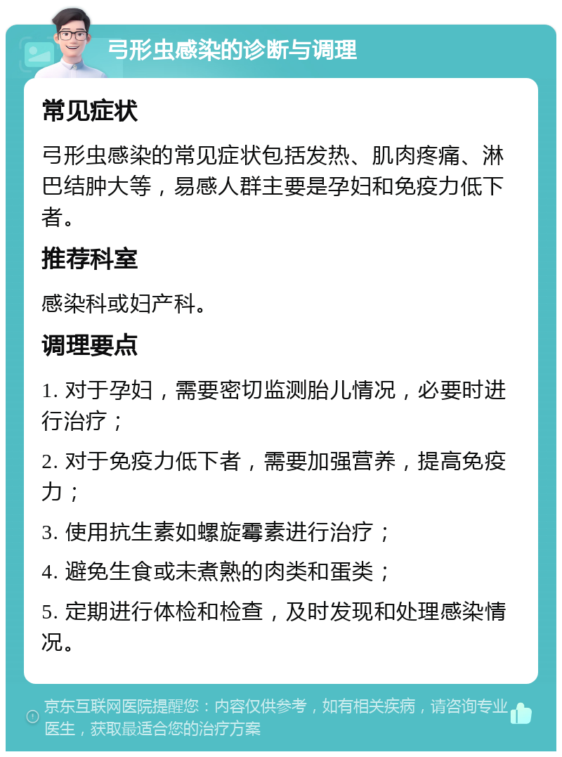 弓形虫感染的诊断与调理 常见症状 弓形虫感染的常见症状包括发热、肌肉疼痛、淋巴结肿大等，易感人群主要是孕妇和免疫力低下者。 推荐科室 感染科或妇产科。 调理要点 1. 对于孕妇，需要密切监测胎儿情况，必要时进行治疗； 2. 对于免疫力低下者，需要加强营养，提高免疫力； 3. 使用抗生素如螺旋霉素进行治疗； 4. 避免生食或未煮熟的肉类和蛋类； 5. 定期进行体检和检查，及时发现和处理感染情况。