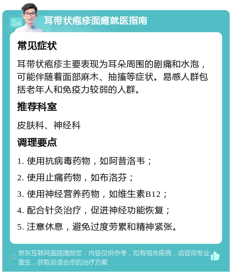 耳带状疱疹面瘫就医指南 常见症状 耳带状疱疹主要表现为耳朵周围的剧痛和水泡，可能伴随着面部麻木、抽搐等症状。易感人群包括老年人和免疫力较弱的人群。 推荐科室 皮肤科、神经科 调理要点 1. 使用抗病毒药物，如阿昔洛韦； 2. 使用止痛药物，如布洛芬； 3. 使用神经营养药物，如维生素B12； 4. 配合针灸治疗，促进神经功能恢复； 5. 注意休息，避免过度劳累和精神紧张。