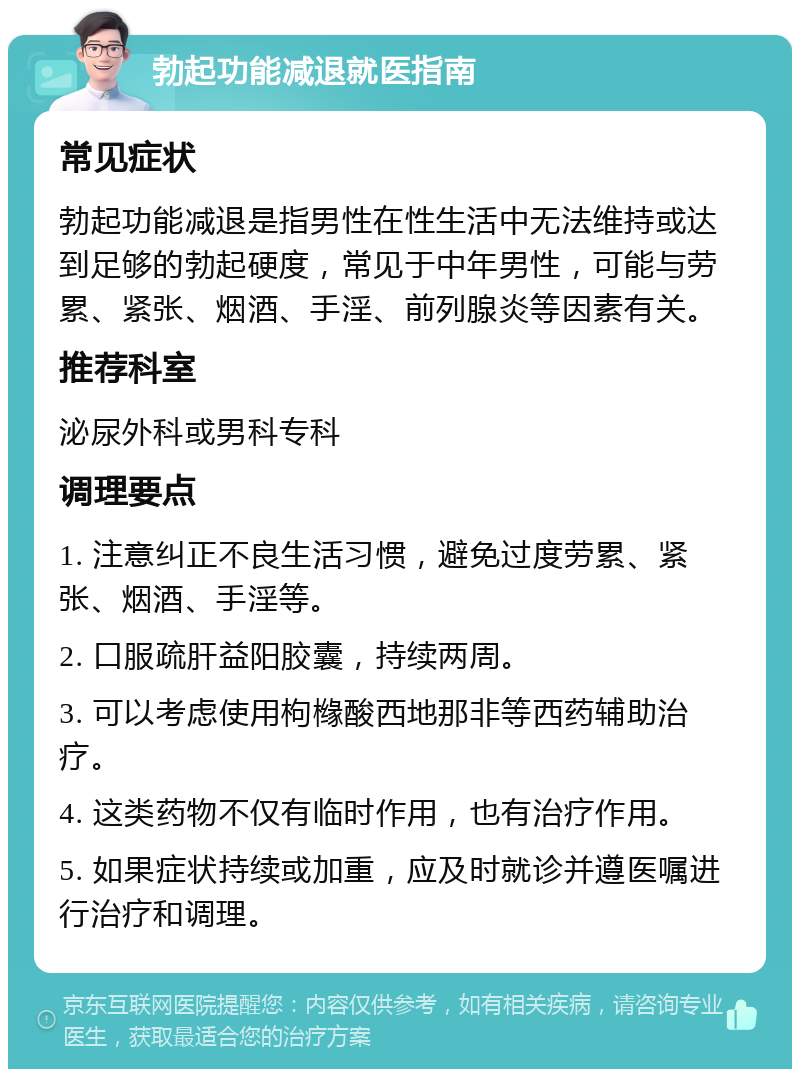 勃起功能减退就医指南 常见症状 勃起功能减退是指男性在性生活中无法维持或达到足够的勃起硬度，常见于中年男性，可能与劳累、紧张、烟酒、手淫、前列腺炎等因素有关。 推荐科室 泌尿外科或男科专科 调理要点 1. 注意纠正不良生活习惯，避免过度劳累、紧张、烟酒、手淫等。 2. 口服疏肝益阳胶囊，持续两周。 3. 可以考虑使用枸橼酸西地那非等西药辅助治疗。 4. 这类药物不仅有临时作用，也有治疗作用。 5. 如果症状持续或加重，应及时就诊并遵医嘱进行治疗和调理。