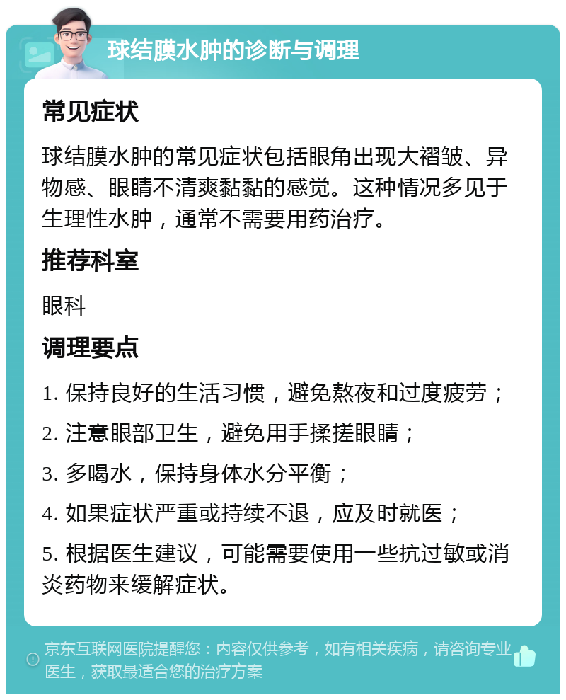 球结膜水肿的诊断与调理 常见症状 球结膜水肿的常见症状包括眼角出现大褶皱、异物感、眼睛不清爽黏黏的感觉。这种情况多见于生理性水肿，通常不需要用药治疗。 推荐科室 眼科 调理要点 1. 保持良好的生活习惯，避免熬夜和过度疲劳； 2. 注意眼部卫生，避免用手揉搓眼睛； 3. 多喝水，保持身体水分平衡； 4. 如果症状严重或持续不退，应及时就医； 5. 根据医生建议，可能需要使用一些抗过敏或消炎药物来缓解症状。