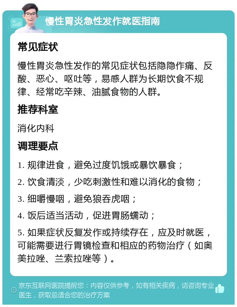 慢性胃炎急性发作就医指南 常见症状 慢性胃炎急性发作的常见症状包括隐隐作痛、反酸、恶心、呕吐等，易感人群为长期饮食不规律、经常吃辛辣、油腻食物的人群。 推荐科室 消化内科 调理要点 1. 规律进食，避免过度饥饿或暴饮暴食； 2. 饮食清淡，少吃刺激性和难以消化的食物； 3. 细嚼慢咽，避免狼吞虎咽； 4. 饭后适当活动，促进胃肠蠕动； 5. 如果症状反复发作或持续存在，应及时就医，可能需要进行胃镜检查和相应的药物治疗（如奥美拉唑、兰索拉唑等）。