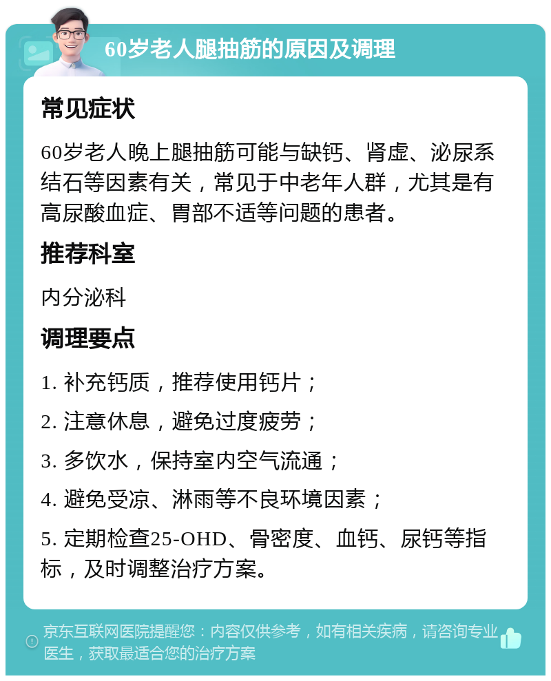 60岁老人腿抽筋的原因及调理 常见症状 60岁老人晚上腿抽筋可能与缺钙、肾虚、泌尿系结石等因素有关，常见于中老年人群，尤其是有高尿酸血症、胃部不适等问题的患者。 推荐科室 内分泌科 调理要点 1. 补充钙质，推荐使用钙片； 2. 注意休息，避免过度疲劳； 3. 多饮水，保持室内空气流通； 4. 避免受凉、淋雨等不良环境因素； 5. 定期检查25-OHD、骨密度、血钙、尿钙等指标，及时调整治疗方案。