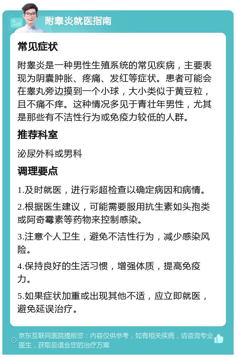 附睾炎就医指南 常见症状 附睾炎是一种男性生殖系统的常见疾病，主要表现为阴囊肿胀、疼痛、发红等症状。患者可能会在睾丸旁边摸到一个小球，大小类似于黄豆粒，且不痛不痒。这种情况多见于青壮年男性，尤其是那些有不洁性行为或免疫力较低的人群。 推荐科室 泌尿外科或男科 调理要点 1.及时就医，进行彩超检查以确定病因和病情。 2.根据医生建议，可能需要服用抗生素如头孢类或阿奇霉素等药物来控制感染。 3.注意个人卫生，避免不洁性行为，减少感染风险。 4.保持良好的生活习惯，增强体质，提高免疫力。 5.如果症状加重或出现其他不适，应立即就医，避免延误治疗。