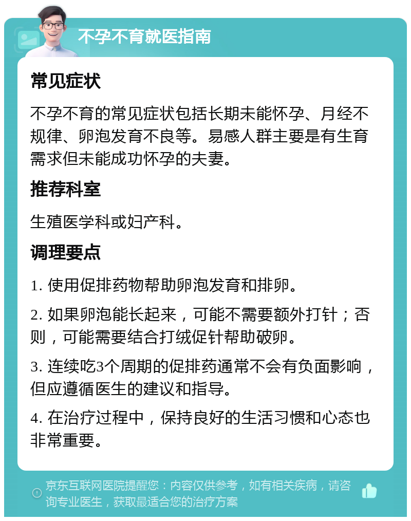 不孕不育就医指南 常见症状 不孕不育的常见症状包括长期未能怀孕、月经不规律、卵泡发育不良等。易感人群主要是有生育需求但未能成功怀孕的夫妻。 推荐科室 生殖医学科或妇产科。 调理要点 1. 使用促排药物帮助卵泡发育和排卵。 2. 如果卵泡能长起来，可能不需要额外打针；否则，可能需要结合打绒促针帮助破卵。 3. 连续吃3个周期的促排药通常不会有负面影响，但应遵循医生的建议和指导。 4. 在治疗过程中，保持良好的生活习惯和心态也非常重要。