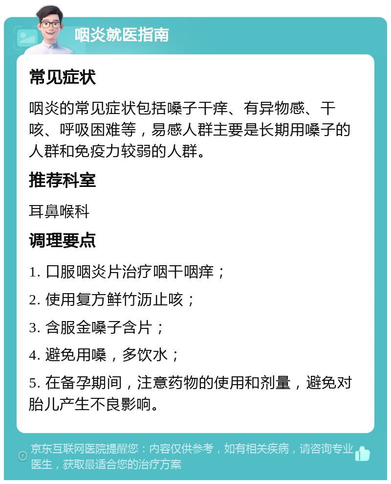 咽炎就医指南 常见症状 咽炎的常见症状包括嗓子干痒、有异物感、干咳、呼吸困难等，易感人群主要是长期用嗓子的人群和免疫力较弱的人群。 推荐科室 耳鼻喉科 调理要点 1. 口服咽炎片治疗咽干咽痒； 2. 使用复方鲜竹沥止咳； 3. 含服金嗓子含片； 4. 避免用嗓，多饮水； 5. 在备孕期间，注意药物的使用和剂量，避免对胎儿产生不良影响。