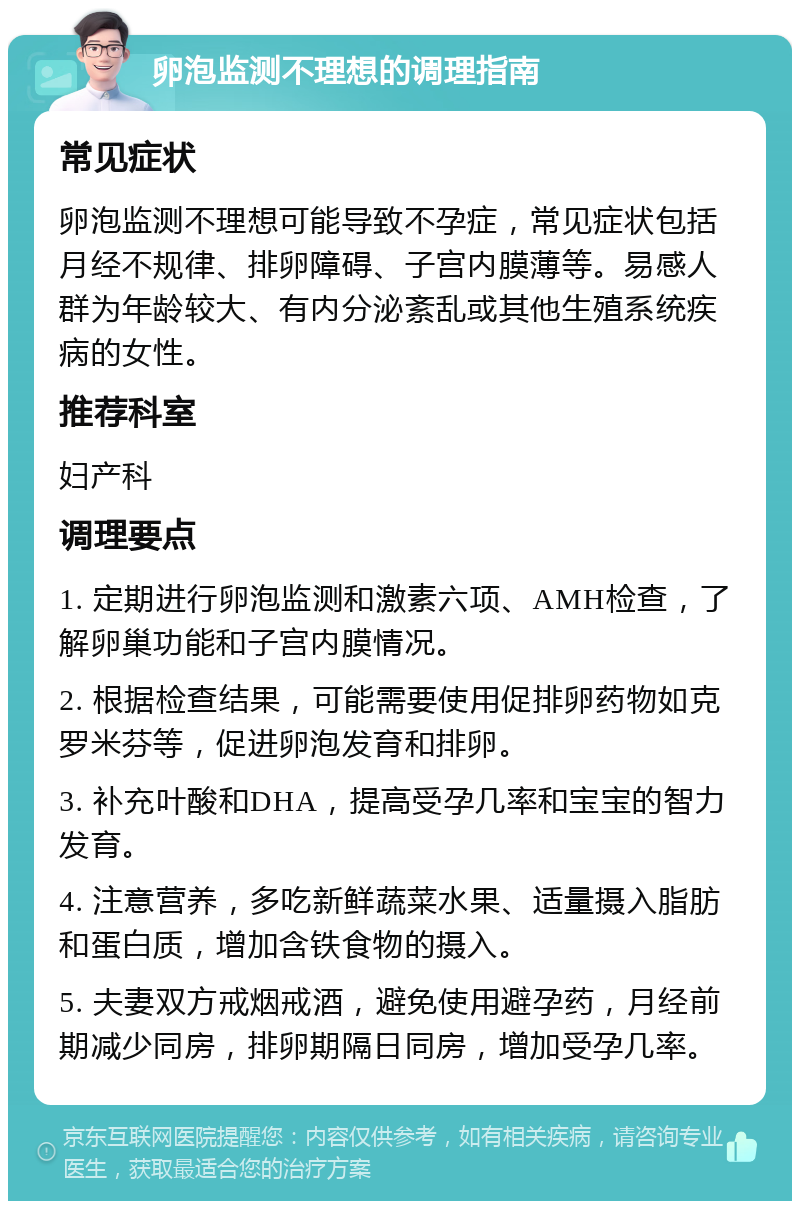 卵泡监测不理想的调理指南 常见症状 卵泡监测不理想可能导致不孕症，常见症状包括月经不规律、排卵障碍、子宫内膜薄等。易感人群为年龄较大、有内分泌紊乱或其他生殖系统疾病的女性。 推荐科室 妇产科 调理要点 1. 定期进行卵泡监测和激素六项、AMH检查，了解卵巢功能和子宫内膜情况。 2. 根据检查结果，可能需要使用促排卵药物如克罗米芬等，促进卵泡发育和排卵。 3. 补充叶酸和DHA，提高受孕几率和宝宝的智力发育。 4. 注意营养，多吃新鲜蔬菜水果、适量摄入脂肪和蛋白质，增加含铁食物的摄入。 5. 夫妻双方戒烟戒酒，避免使用避孕药，月经前期减少同房，排卵期隔日同房，增加受孕几率。