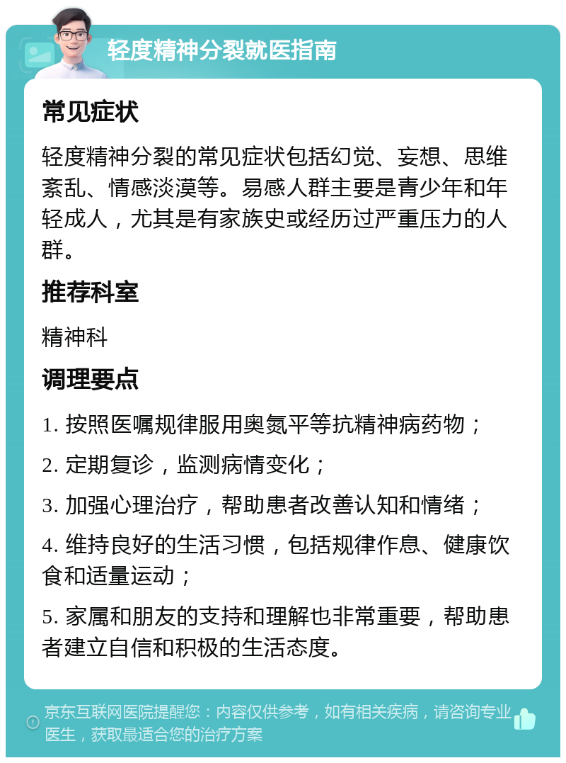 轻度精神分裂就医指南 常见症状 轻度精神分裂的常见症状包括幻觉、妄想、思维紊乱、情感淡漠等。易感人群主要是青少年和年轻成人，尤其是有家族史或经历过严重压力的人群。 推荐科室 精神科 调理要点 1. 按照医嘱规律服用奥氮平等抗精神病药物； 2. 定期复诊，监测病情变化； 3. 加强心理治疗，帮助患者改善认知和情绪； 4. 维持良好的生活习惯，包括规律作息、健康饮食和适量运动； 5. 家属和朋友的支持和理解也非常重要，帮助患者建立自信和积极的生活态度。