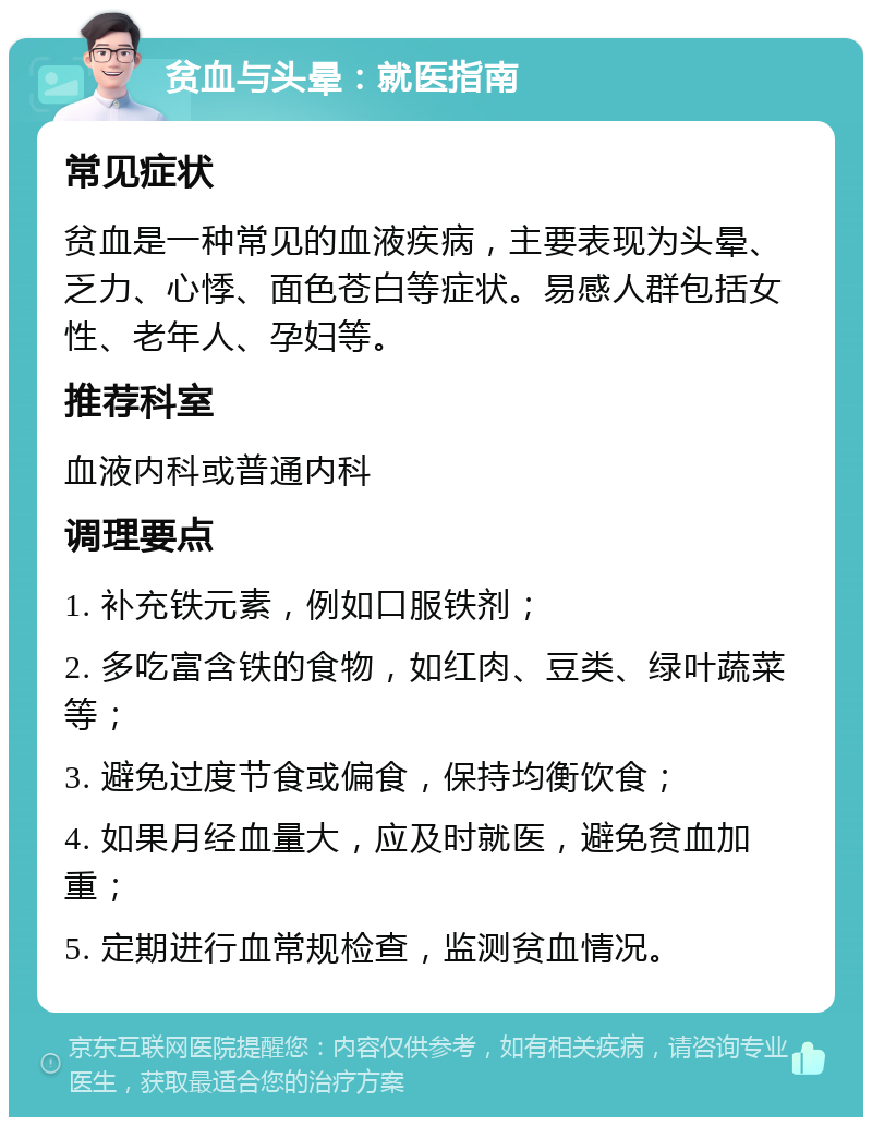 贫血与头晕：就医指南 常见症状 贫血是一种常见的血液疾病，主要表现为头晕、乏力、心悸、面色苍白等症状。易感人群包括女性、老年人、孕妇等。 推荐科室 血液内科或普通内科 调理要点 1. 补充铁元素，例如口服铁剂； 2. 多吃富含铁的食物，如红肉、豆类、绿叶蔬菜等； 3. 避免过度节食或偏食，保持均衡饮食； 4. 如果月经血量大，应及时就医，避免贫血加重； 5. 定期进行血常规检查，监测贫血情况。