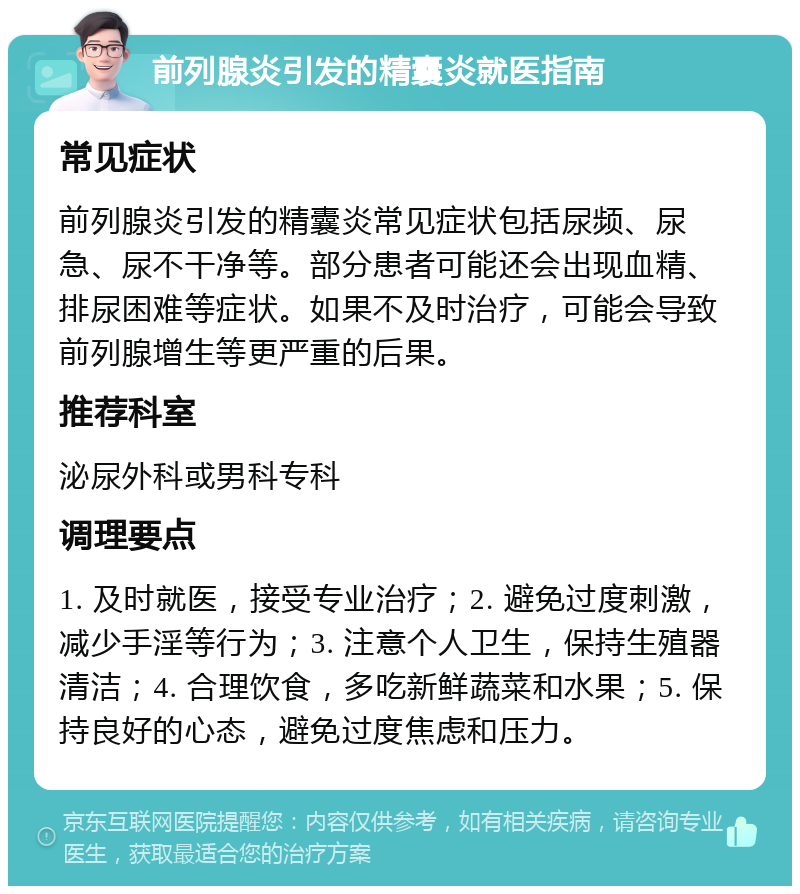 前列腺炎引发的精囊炎就医指南 常见症状 前列腺炎引发的精囊炎常见症状包括尿频、尿急、尿不干净等。部分患者可能还会出现血精、排尿困难等症状。如果不及时治疗，可能会导致前列腺增生等更严重的后果。 推荐科室 泌尿外科或男科专科 调理要点 1. 及时就医，接受专业治疗；2. 避免过度刺激，减少手淫等行为；3. 注意个人卫生，保持生殖器清洁；4. 合理饮食，多吃新鲜蔬菜和水果；5. 保持良好的心态，避免过度焦虑和压力。