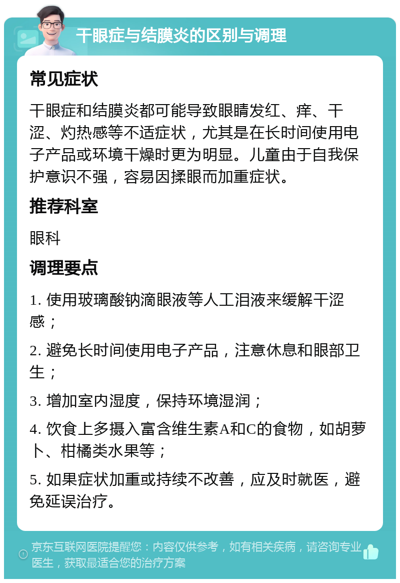 干眼症与结膜炎的区别与调理 常见症状 干眼症和结膜炎都可能导致眼睛发红、痒、干涩、灼热感等不适症状，尤其是在长时间使用电子产品或环境干燥时更为明显。儿童由于自我保护意识不强，容易因揉眼而加重症状。 推荐科室 眼科 调理要点 1. 使用玻璃酸钠滴眼液等人工泪液来缓解干涩感； 2. 避免长时间使用电子产品，注意休息和眼部卫生； 3. 增加室内湿度，保持环境湿润； 4. 饮食上多摄入富含维生素A和C的食物，如胡萝卜、柑橘类水果等； 5. 如果症状加重或持续不改善，应及时就医，避免延误治疗。