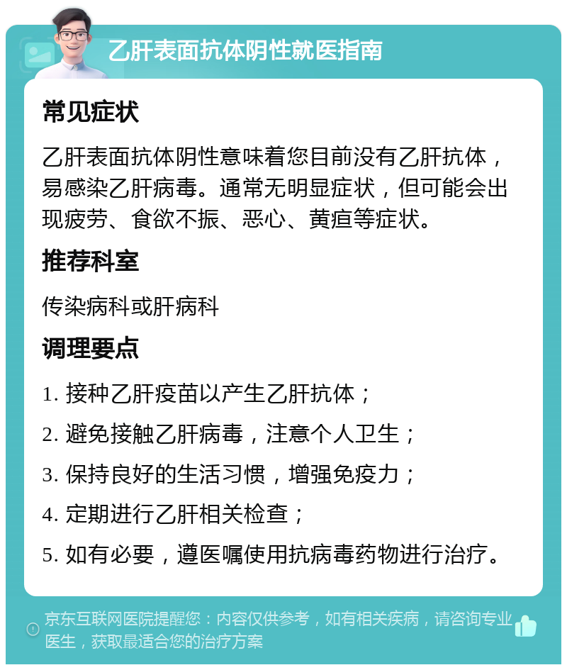 乙肝表面抗体阴性就医指南 常见症状 乙肝表面抗体阴性意味着您目前没有乙肝抗体，易感染乙肝病毒。通常无明显症状，但可能会出现疲劳、食欲不振、恶心、黄疸等症状。 推荐科室 传染病科或肝病科 调理要点 1. 接种乙肝疫苗以产生乙肝抗体； 2. 避免接触乙肝病毒，注意个人卫生； 3. 保持良好的生活习惯，增强免疫力； 4. 定期进行乙肝相关检查； 5. 如有必要，遵医嘱使用抗病毒药物进行治疗。