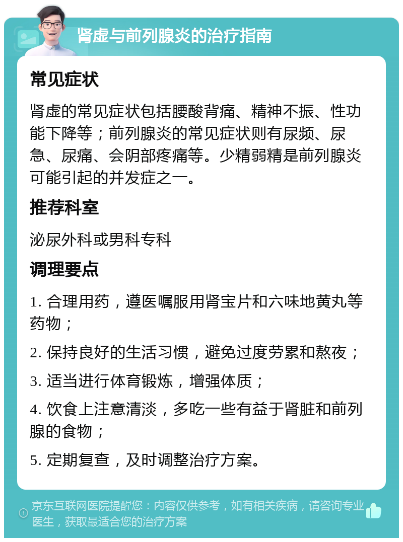 肾虚与前列腺炎的治疗指南 常见症状 肾虚的常见症状包括腰酸背痛、精神不振、性功能下降等；前列腺炎的常见症状则有尿频、尿急、尿痛、会阴部疼痛等。少精弱精是前列腺炎可能引起的并发症之一。 推荐科室 泌尿外科或男科专科 调理要点 1. 合理用药，遵医嘱服用肾宝片和六味地黄丸等药物； 2. 保持良好的生活习惯，避免过度劳累和熬夜； 3. 适当进行体育锻炼，增强体质； 4. 饮食上注意清淡，多吃一些有益于肾脏和前列腺的食物； 5. 定期复查，及时调整治疗方案。