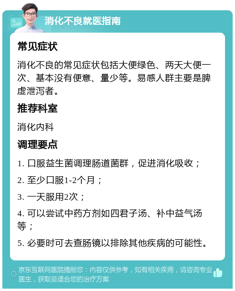 消化不良就医指南 常见症状 消化不良的常见症状包括大便绿色、两天大便一次、基本没有便意、量少等。易感人群主要是脾虚泄泻者。 推荐科室 消化内科 调理要点 1. 口服益生菌调理肠道菌群，促进消化吸收； 2. 至少口服1-2个月； 3. 一天服用2次； 4. 可以尝试中药方剂如四君子汤、补中益气汤等； 5. 必要时可去查肠镜以排除其他疾病的可能性。