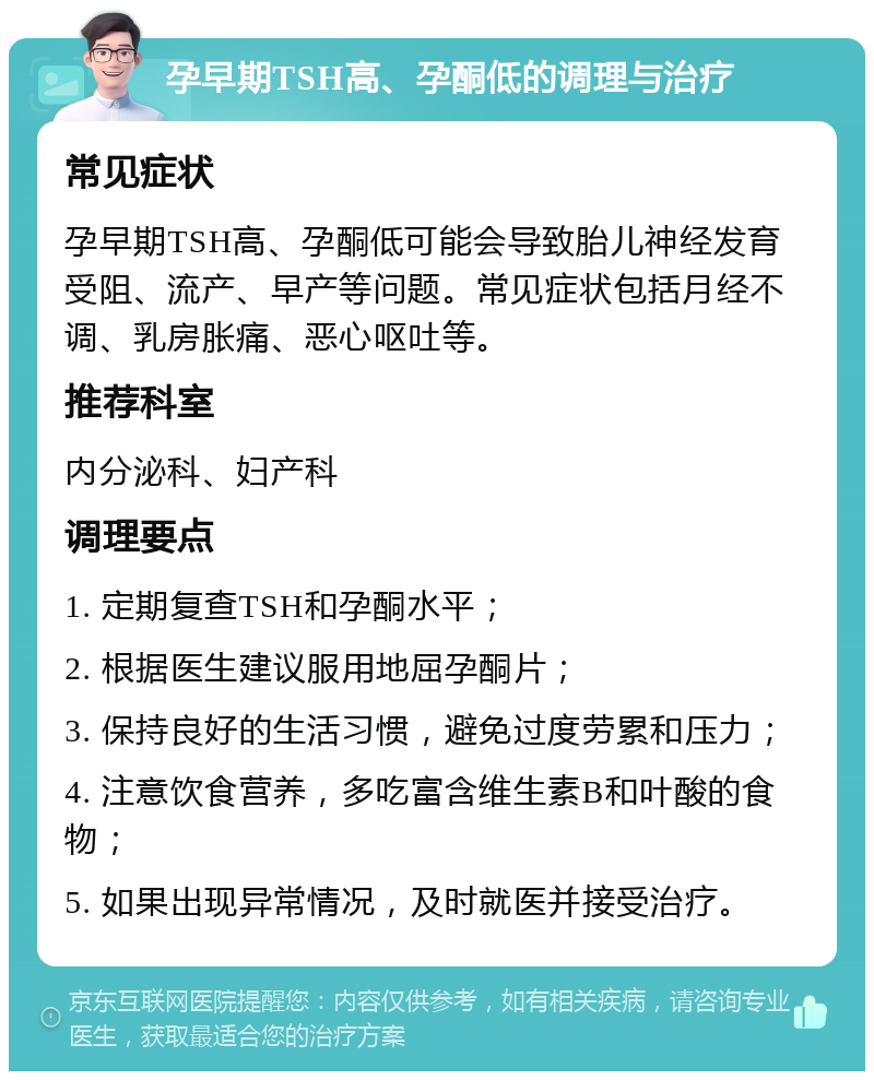 孕早期TSH高、孕酮低的调理与治疗 常见症状 孕早期TSH高、孕酮低可能会导致胎儿神经发育受阻、流产、早产等问题。常见症状包括月经不调、乳房胀痛、恶心呕吐等。 推荐科室 内分泌科、妇产科 调理要点 1. 定期复查TSH和孕酮水平； 2. 根据医生建议服用地屈孕酮片； 3. 保持良好的生活习惯，避免过度劳累和压力； 4. 注意饮食营养，多吃富含维生素B和叶酸的食物； 5. 如果出现异常情况，及时就医并接受治疗。