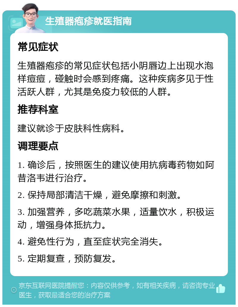 生殖器疱疹就医指南 常见症状 生殖器疱疹的常见症状包括小阴唇边上出现水泡样痘痘，碰触时会感到疼痛。这种疾病多见于性活跃人群，尤其是免疫力较低的人群。 推荐科室 建议就诊于皮肤科性病科。 调理要点 1. 确诊后，按照医生的建议使用抗病毒药物如阿昔洛韦进行治疗。 2. 保持局部清洁干燥，避免摩擦和刺激。 3. 加强营养，多吃蔬菜水果，适量饮水，积极运动，增强身体抵抗力。 4. 避免性行为，直至症状完全消失。 5. 定期复查，预防复发。