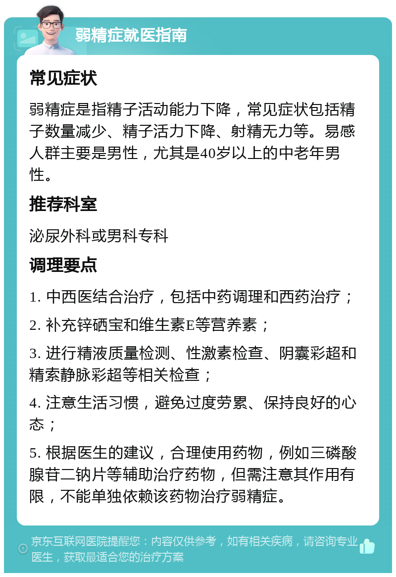 弱精症就医指南 常见症状 弱精症是指精子活动能力下降，常见症状包括精子数量减少、精子活力下降、射精无力等。易感人群主要是男性，尤其是40岁以上的中老年男性。 推荐科室 泌尿外科或男科专科 调理要点 1. 中西医结合治疗，包括中药调理和西药治疗； 2. 补充锌硒宝和维生素E等营养素； 3. 进行精液质量检测、性激素检查、阴囊彩超和精索静脉彩超等相关检查； 4. 注意生活习惯，避免过度劳累、保持良好的心态； 5. 根据医生的建议，合理使用药物，例如三磷酸腺苷二钠片等辅助治疗药物，但需注意其作用有限，不能单独依赖该药物治疗弱精症。