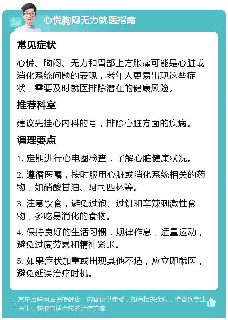 心慌胸闷无力就医指南 常见症状 心慌、胸闷、无力和胃部上方胀痛可能是心脏或消化系统问题的表现，老年人更易出现这些症状，需要及时就医排除潜在的健康风险。 推荐科室 建议先挂心内科的号，排除心脏方面的疾病。 调理要点 1. 定期进行心电图检查，了解心脏健康状况。 2. 遵循医嘱，按时服用心脏或消化系统相关的药物，如硝酸甘油、阿司匹林等。 3. 注意饮食，避免过饱、过饥和辛辣刺激性食物，多吃易消化的食物。 4. 保持良好的生活习惯，规律作息，适量运动，避免过度劳累和精神紧张。 5. 如果症状加重或出现其他不适，应立即就医，避免延误治疗时机。