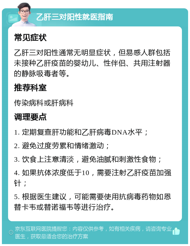 乙肝三对阳性就医指南 常见症状 乙肝三对阳性通常无明显症状，但易感人群包括未接种乙肝疫苗的婴幼儿、性伴侣、共用注射器的静脉吸毒者等。 推荐科室 传染病科或肝病科 调理要点 1. 定期复查肝功能和乙肝病毒DNA水平； 2. 避免过度劳累和情绪激动； 3. 饮食上注意清淡，避免油腻和刺激性食物； 4. 如果抗体浓度低于10，需要注射乙肝疫苗加强针； 5. 根据医生建议，可能需要使用抗病毒药物如恩替卡韦或替诺福韦等进行治疗。