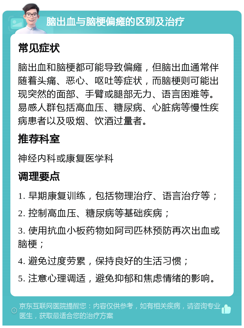 脑出血与脑梗偏瘫的区别及治疗 常见症状 脑出血和脑梗都可能导致偏瘫，但脑出血通常伴随着头痛、恶心、呕吐等症状，而脑梗则可能出现突然的面部、手臂或腿部无力、语言困难等。易感人群包括高血压、糖尿病、心脏病等慢性疾病患者以及吸烟、饮酒过量者。 推荐科室 神经内科或康复医学科 调理要点 1. 早期康复训练，包括物理治疗、语言治疗等； 2. 控制高血压、糖尿病等基础疾病； 3. 使用抗血小板药物如阿司匹林预防再次出血或脑梗； 4. 避免过度劳累，保持良好的生活习惯； 5. 注意心理调适，避免抑郁和焦虑情绪的影响。