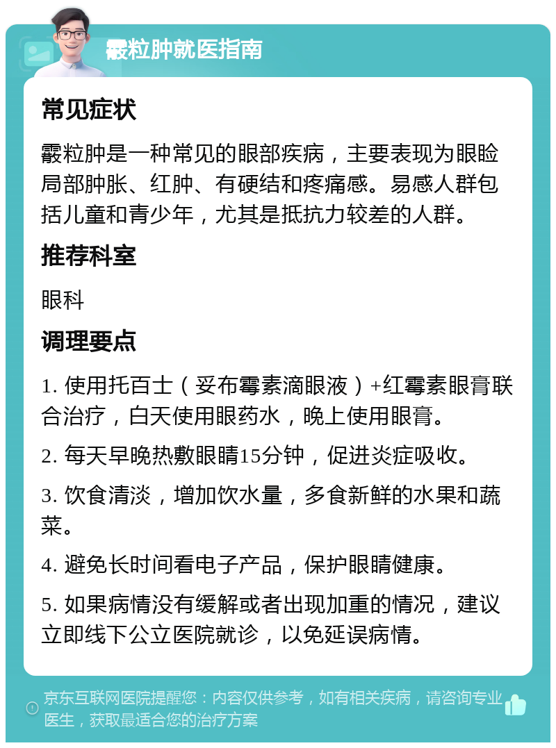 霰粒肿就医指南 常见症状 霰粒肿是一种常见的眼部疾病，主要表现为眼睑局部肿胀、红肿、有硬结和疼痛感。易感人群包括儿童和青少年，尤其是抵抗力较差的人群。 推荐科室 眼科 调理要点 1. 使用托百士（妥布霉素滴眼液）+红霉素眼膏联合治疗，白天使用眼药水，晚上使用眼膏。 2. 每天早晚热敷眼睛15分钟，促进炎症吸收。 3. 饮食清淡，增加饮水量，多食新鲜的水果和蔬菜。 4. 避免长时间看电子产品，保护眼睛健康。 5. 如果病情没有缓解或者出现加重的情况，建议立即线下公立医院就诊，以免延误病情。