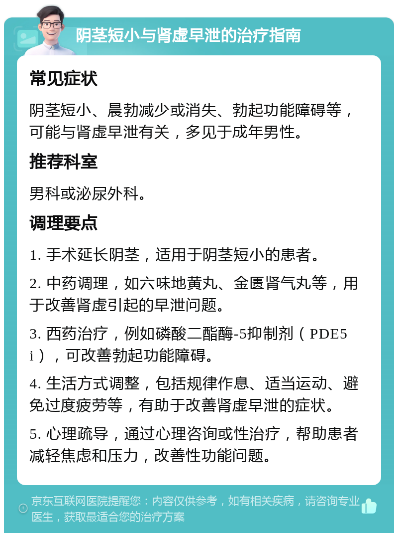 阴茎短小与肾虚早泄的治疗指南 常见症状 阴茎短小、晨勃减少或消失、勃起功能障碍等，可能与肾虚早泄有关，多见于成年男性。 推荐科室 男科或泌尿外科。 调理要点 1. 手术延长阴茎，适用于阴茎短小的患者。 2. 中药调理，如六味地黄丸、金匮肾气丸等，用于改善肾虚引起的早泄问题。 3. 西药治疗，例如磷酸二酯酶-5抑制剂（PDE5i），可改善勃起功能障碍。 4. 生活方式调整，包括规律作息、适当运动、避免过度疲劳等，有助于改善肾虚早泄的症状。 5. 心理疏导，通过心理咨询或性治疗，帮助患者减轻焦虑和压力，改善性功能问题。