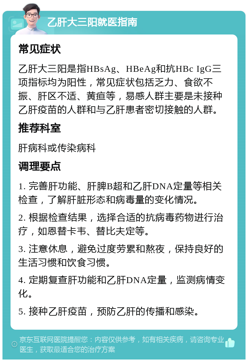 乙肝大三阳就医指南 常见症状 乙肝大三阳是指HBsAg、HBeAg和抗HBc IgG三项指标均为阳性，常见症状包括乏力、食欲不振、肝区不适、黄疸等，易感人群主要是未接种乙肝疫苗的人群和与乙肝患者密切接触的人群。 推荐科室 肝病科或传染病科 调理要点 1. 完善肝功能、肝脾B超和乙肝DNA定量等相关检查，了解肝脏形态和病毒量的变化情况。 2. 根据检查结果，选择合适的抗病毒药物进行治疗，如恩替卡韦、替比夫定等。 3. 注意休息，避免过度劳累和熬夜，保持良好的生活习惯和饮食习惯。 4. 定期复查肝功能和乙肝DNA定量，监测病情变化。 5. 接种乙肝疫苗，预防乙肝的传播和感染。